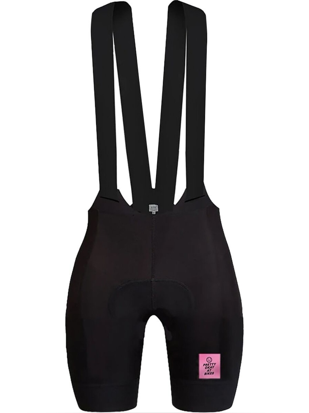 Women’s NoMad Black Bike Bib Shorts with Pink “Pretty Okay At Bikes” Patch